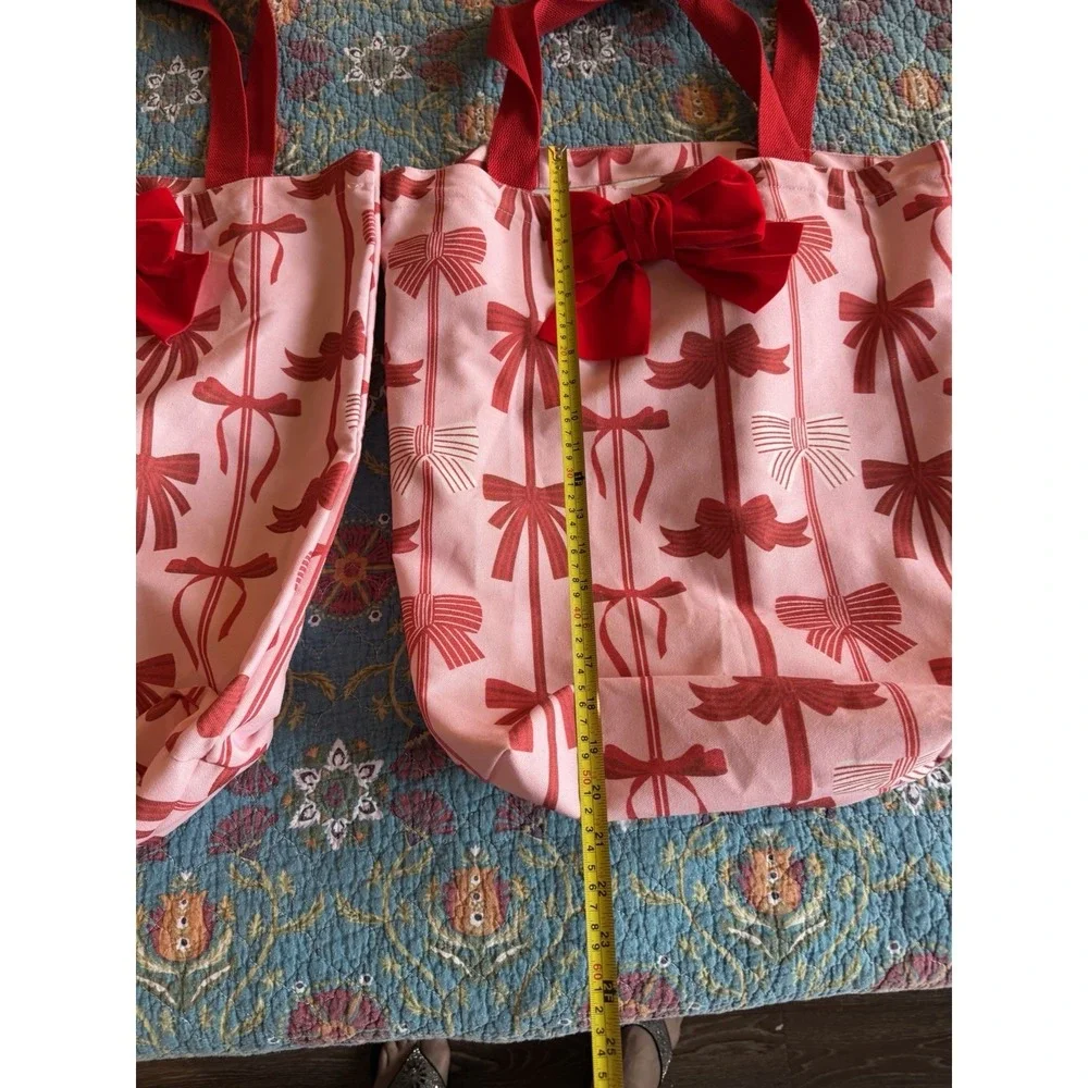 2 Pink Red Bow Print Tote Bag Canvas Large Shoulder Bag Preppy Coquette‎